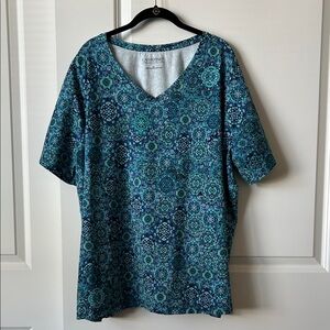 Catherines Teal & Navy Medallion V-Neck Top 2X